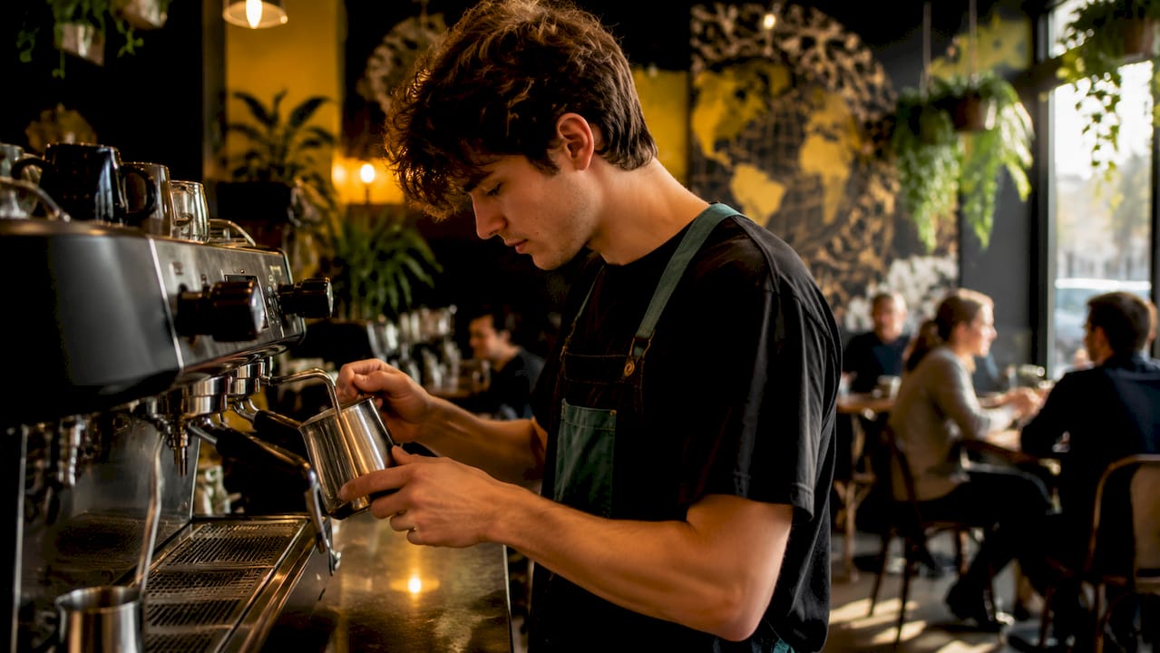 Barista steaming milk at local roaster café