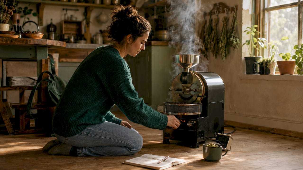 Hands controlling home drum coffee roaster