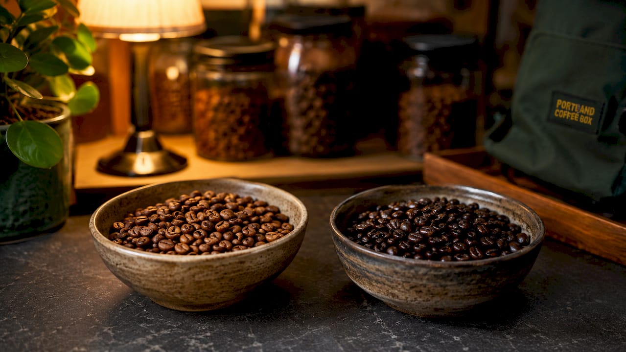 Close-up of light and dark roast coffee beans side by side