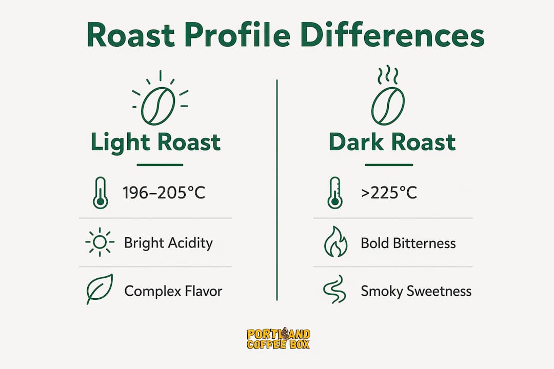 Infographic comparing light and dark roast coffee profiles side by side