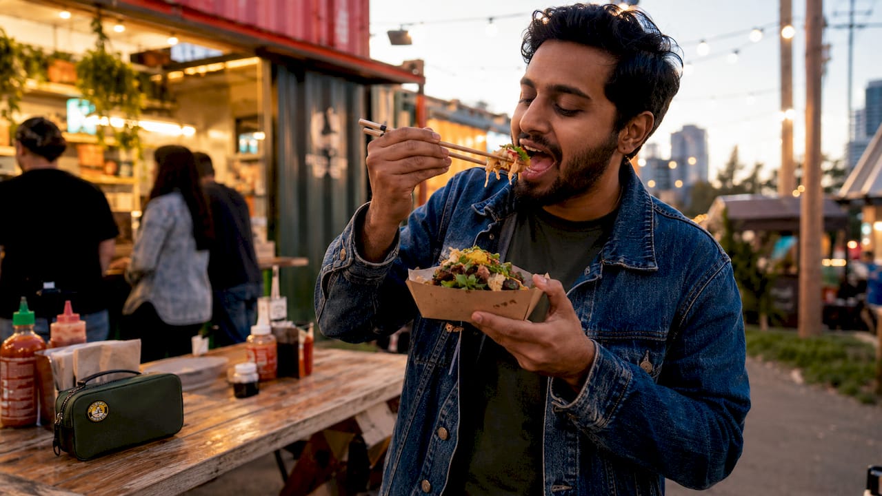 Visitor tasting food at Portland food cart pod