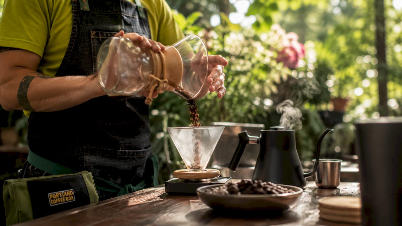 Barista pouring hot water over coffee grounds in cafe