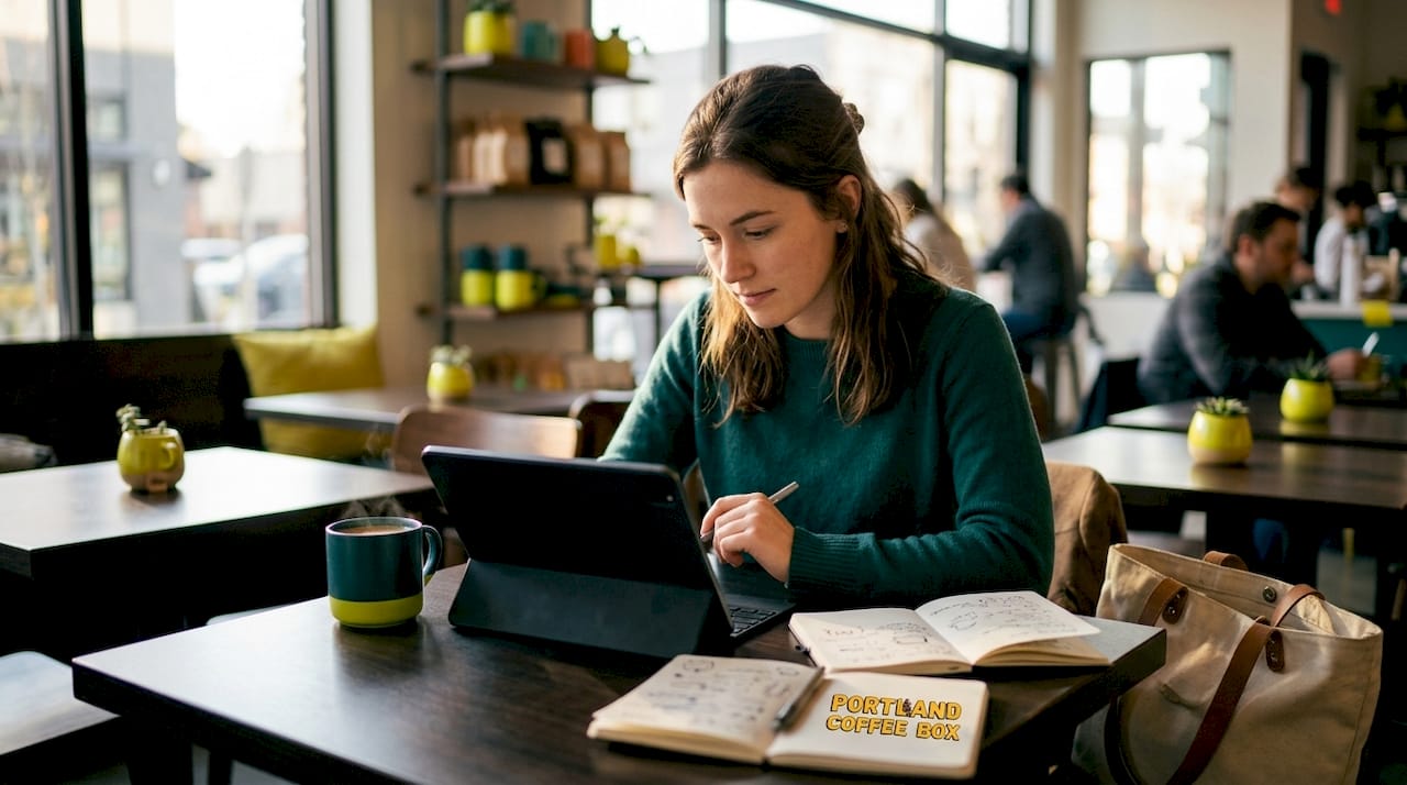 Woman ordering local coffee online at home