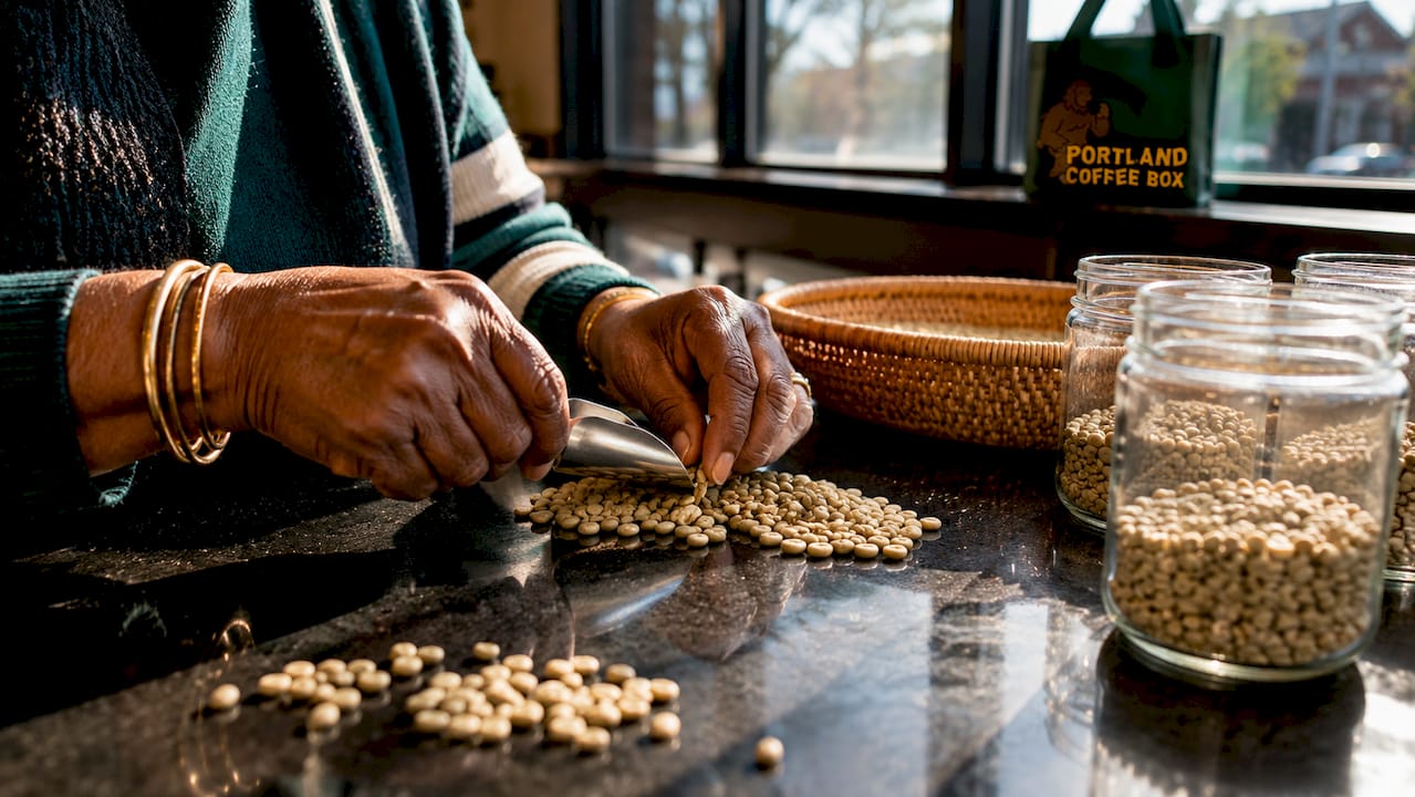 Hands sorting defective green coffee beans