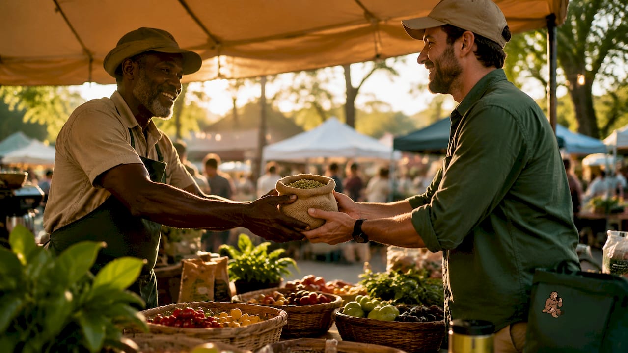 Hands exchanging coffee beans at local farm market