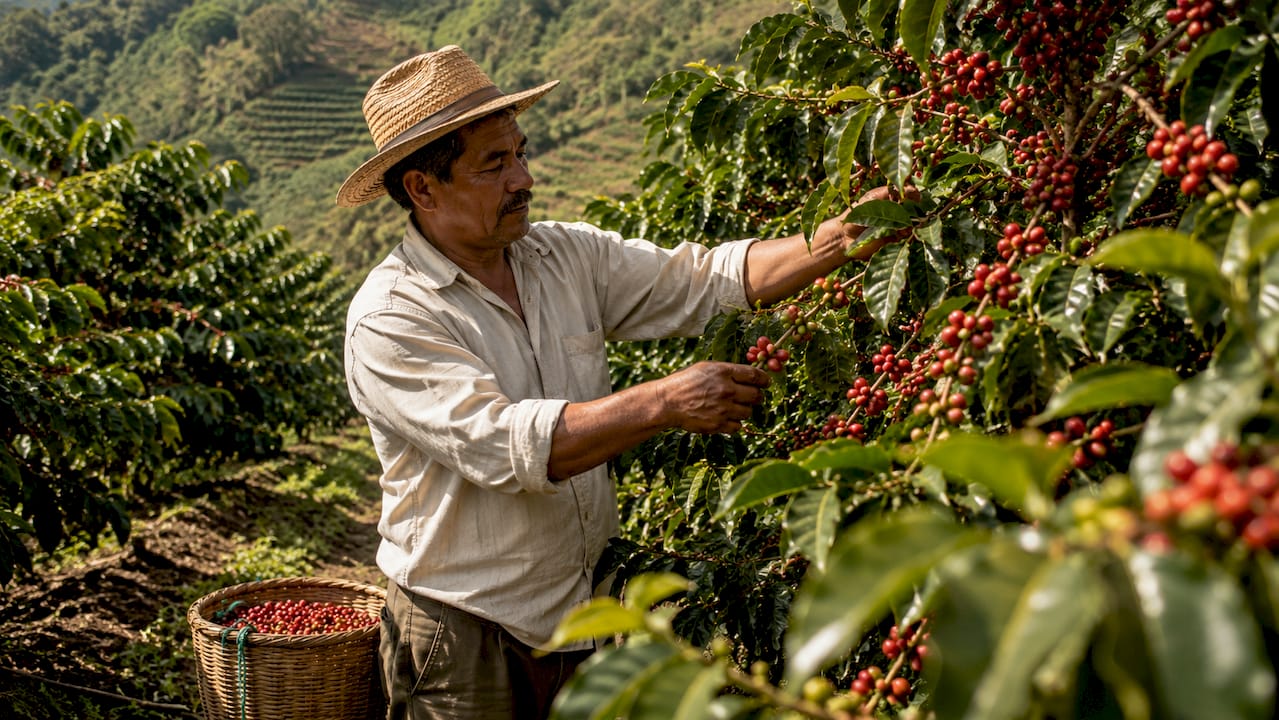 Smallholder farmer harvesting coffee cherries outdoors