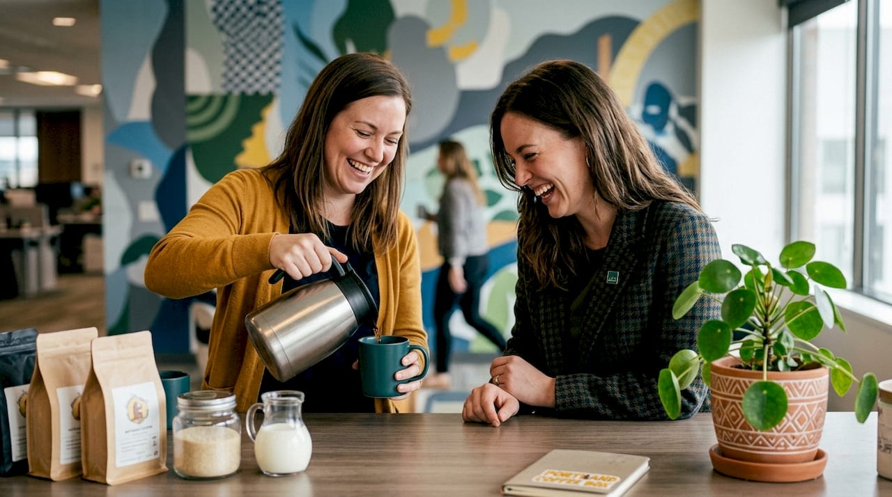 Coworkers conversing at coffee machine