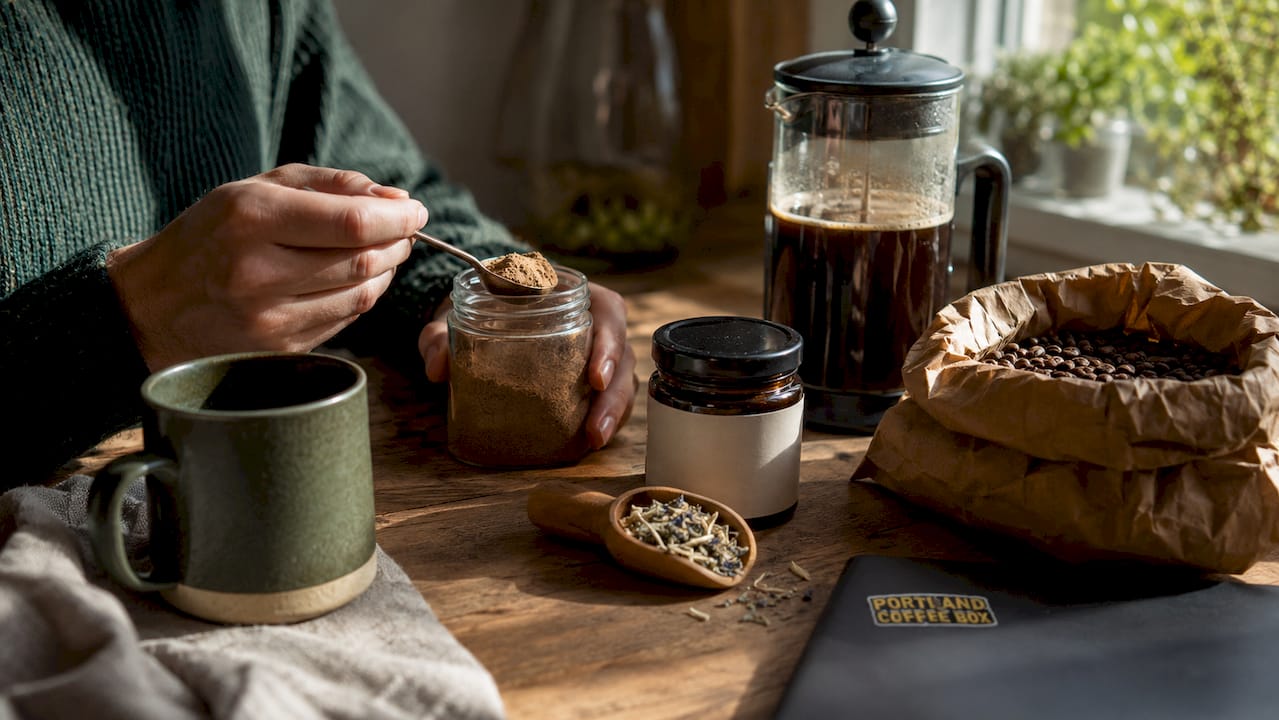 Hands preparing functional coffee blend ingredients