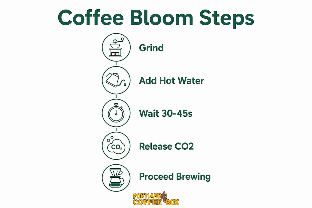 Infographic showing steps of coffee bloom during brewing