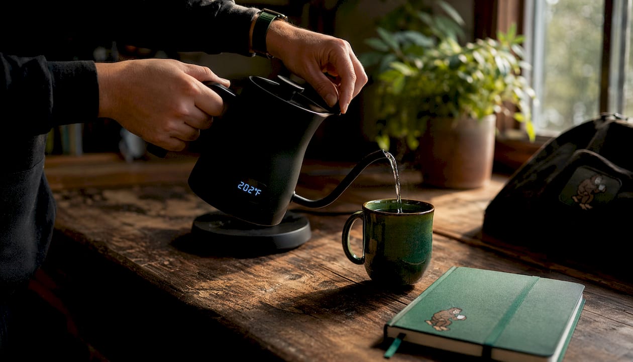 Hands holding temperature-controlled coffee kettle