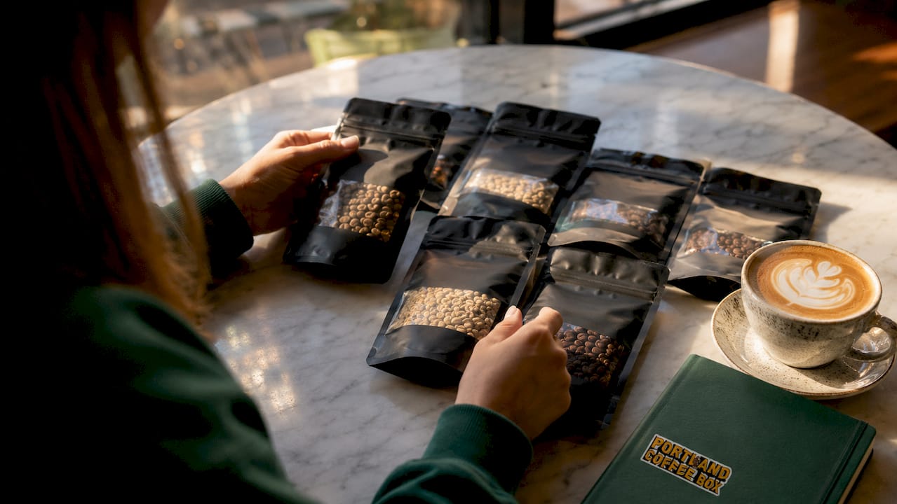 Hands sorting artisanal coffee bean samples