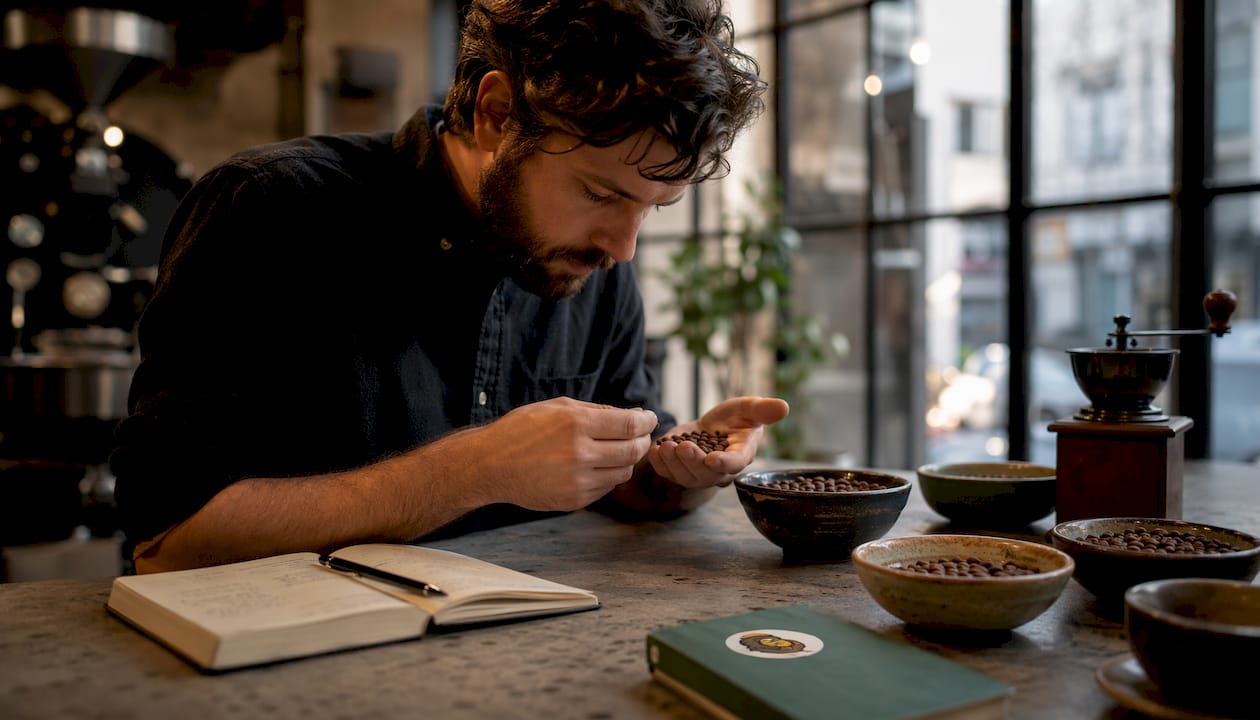 Hands inspecting freshly roasted coffee beans