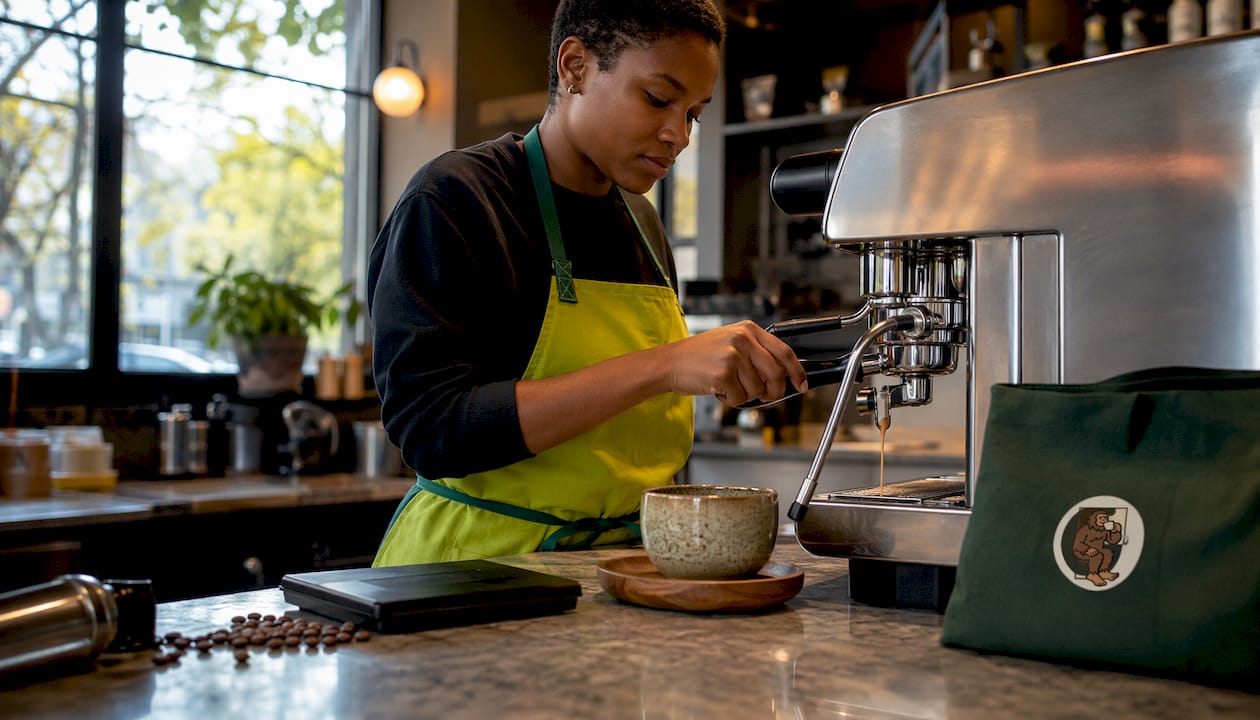 Barista brewing espresso coffee indoors