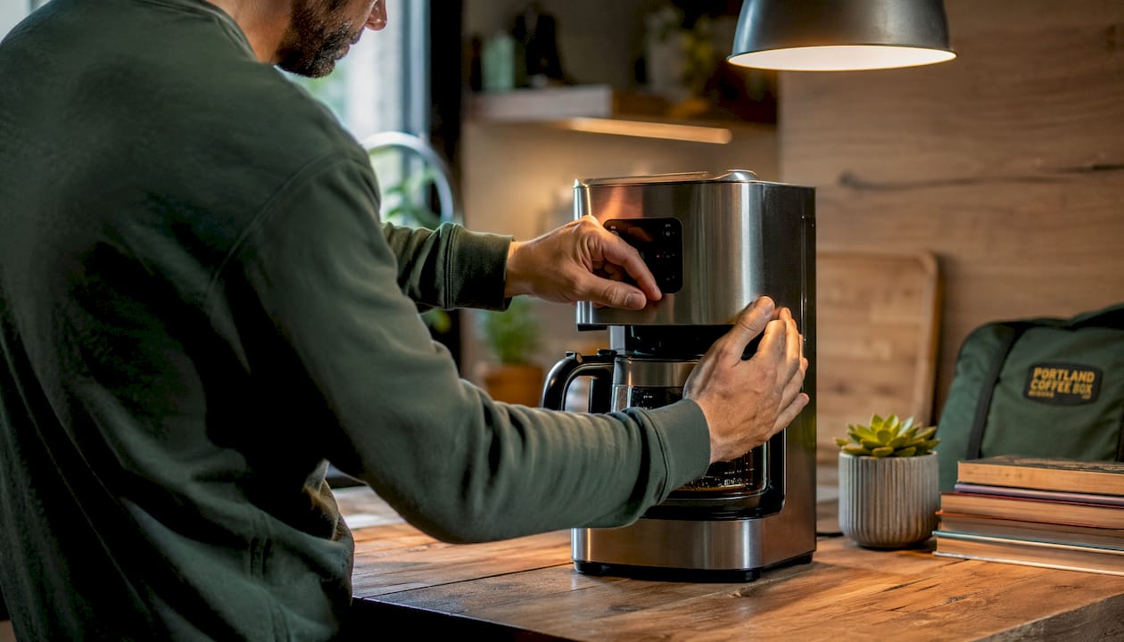 Hands setting drip coffee timer with baby items nearby