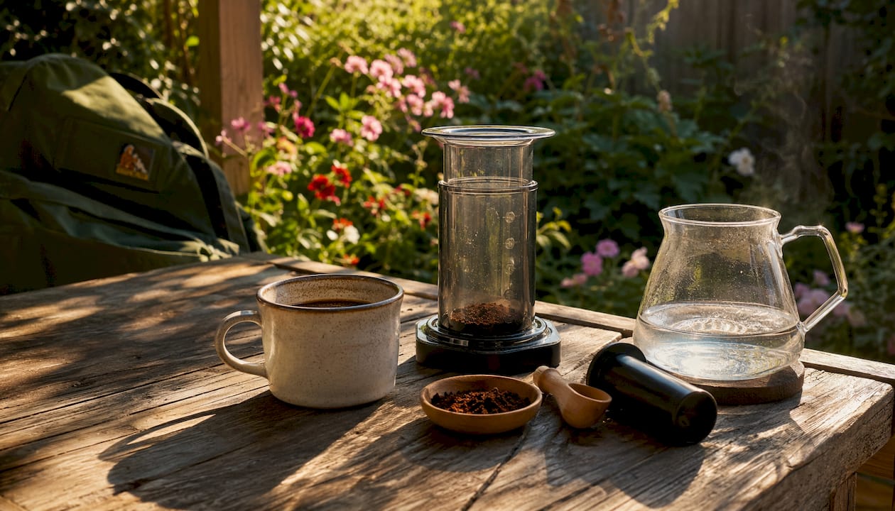 Aeropress coffee brewing setup in morning nook