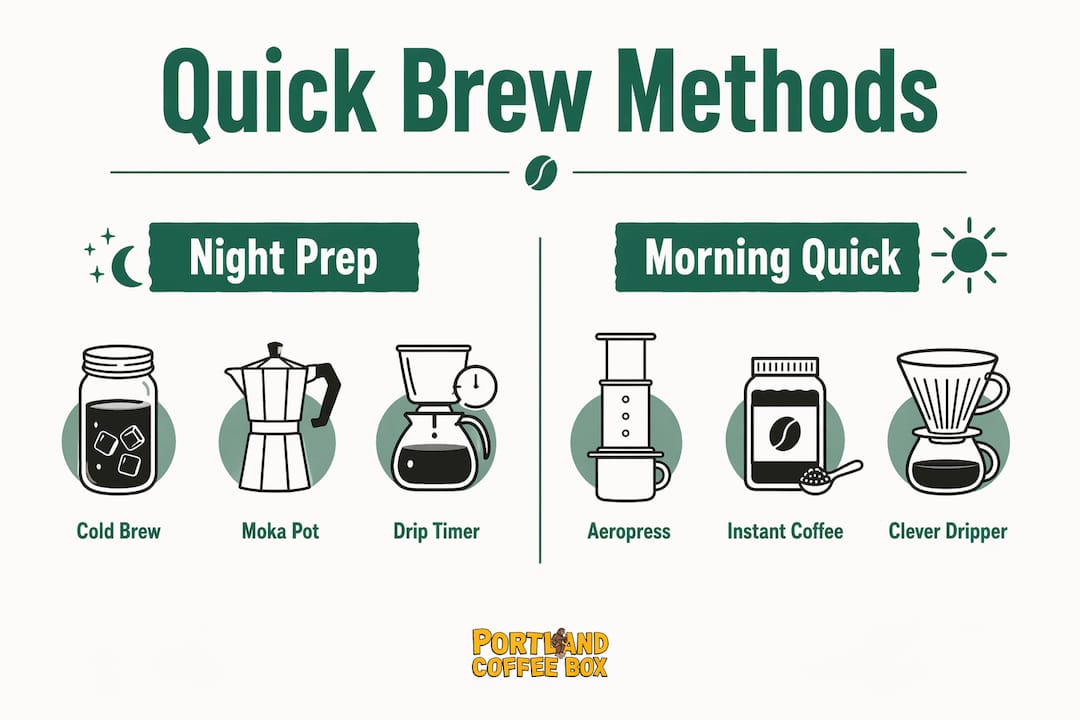 Infographic comparing night prep vs morning quick coffee methods