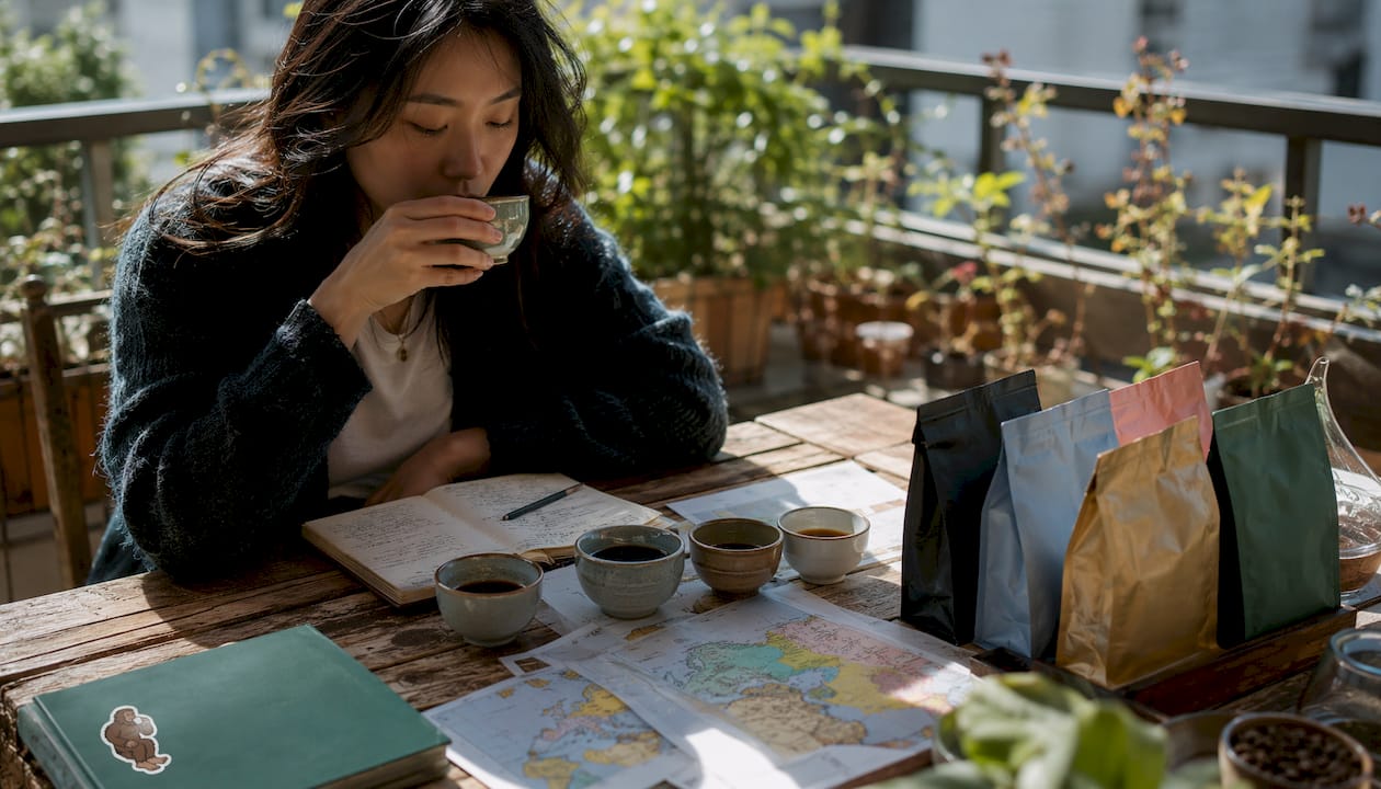 Woman tasting various coffee origins at home