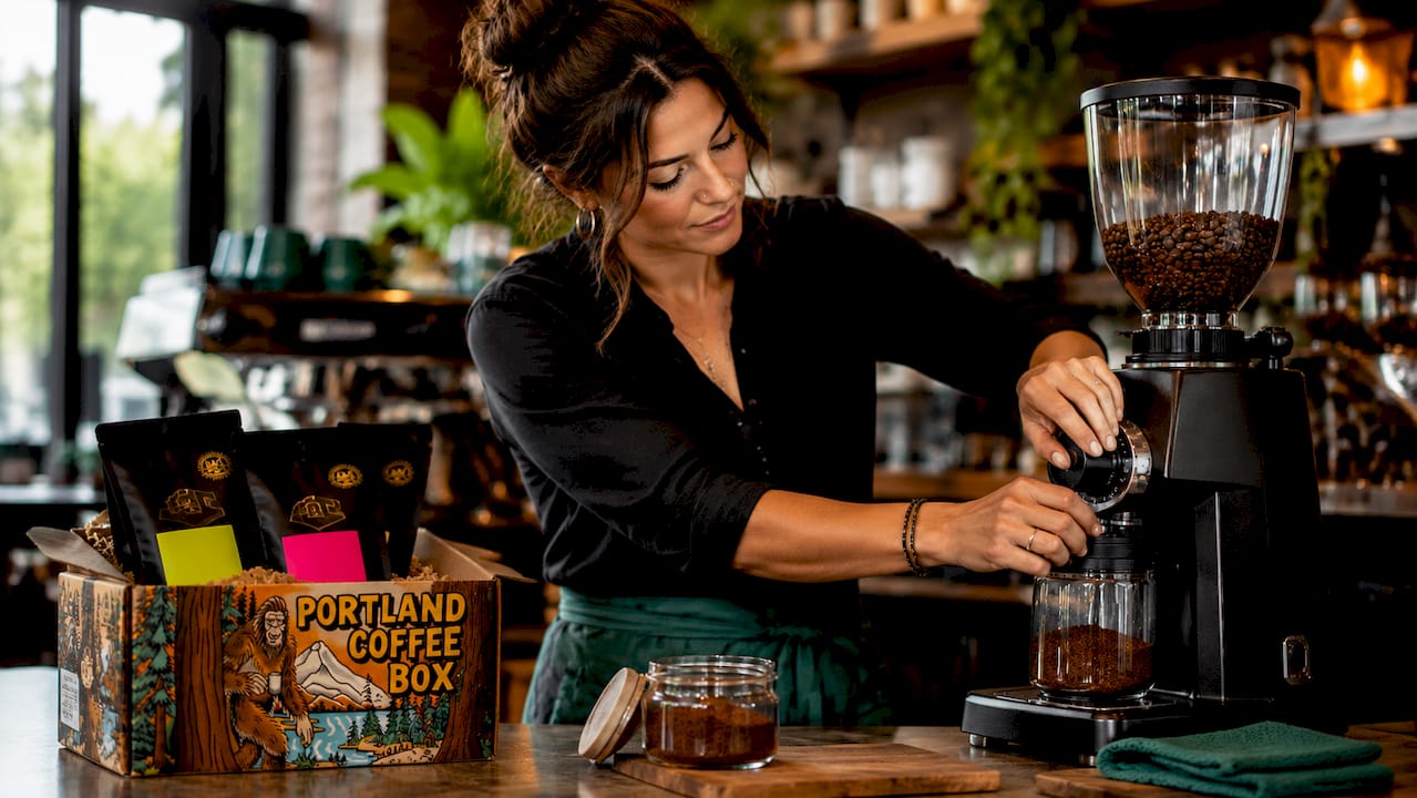 Barista adjusting coffee grinder for brewing