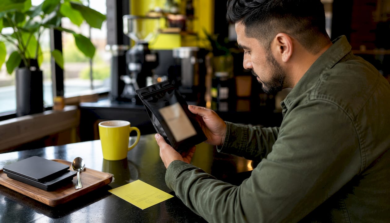 Man reviewing freshly roasted seasonal coffee bag
