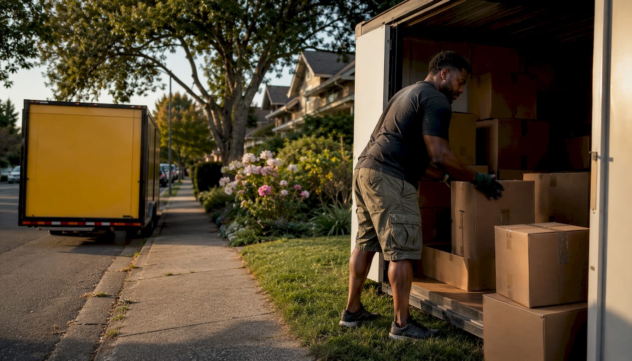 Man packing boxes into portable storage container outdoors