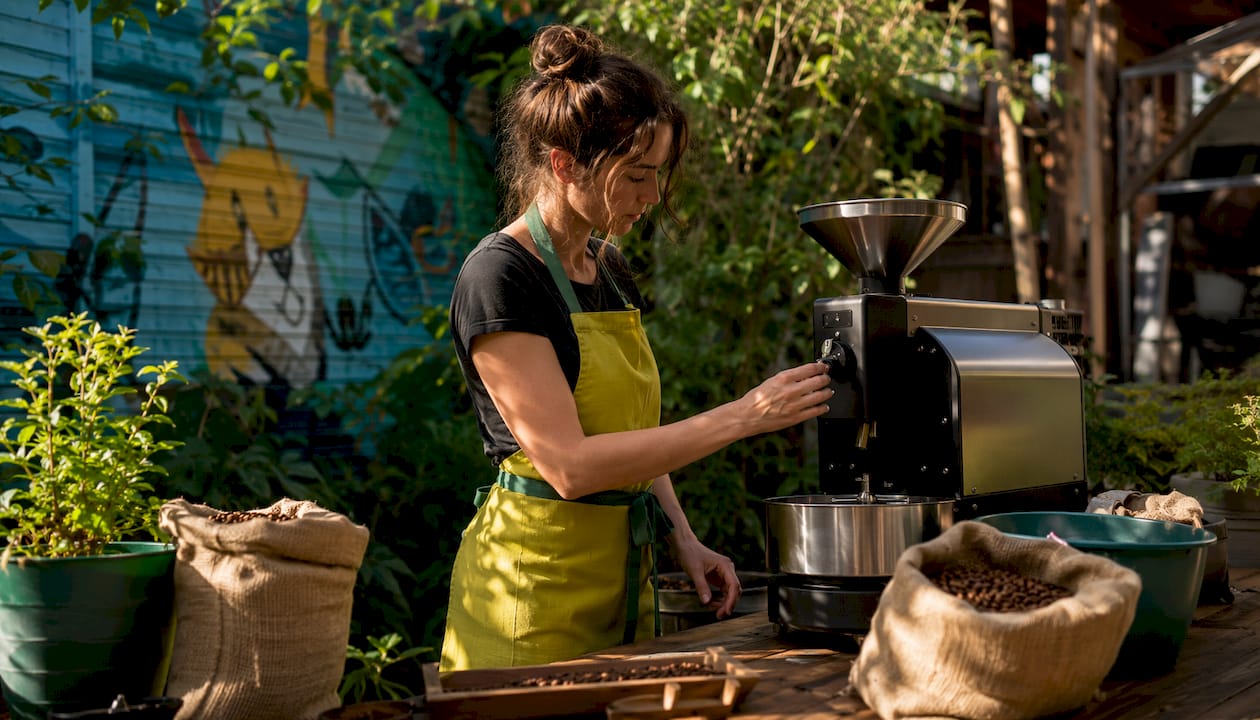 Female craft coffee roaster at work