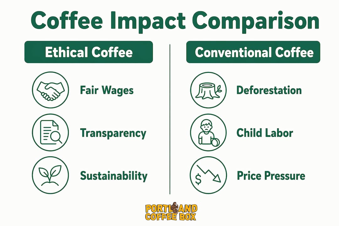 Infographic comparing ethical and conventional coffee impact