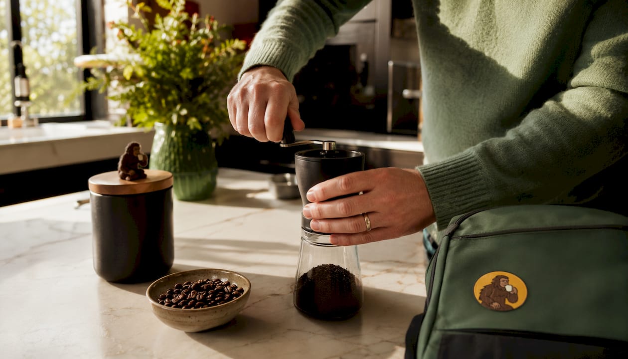 Hands grinding coffee beans near nature-themed items
