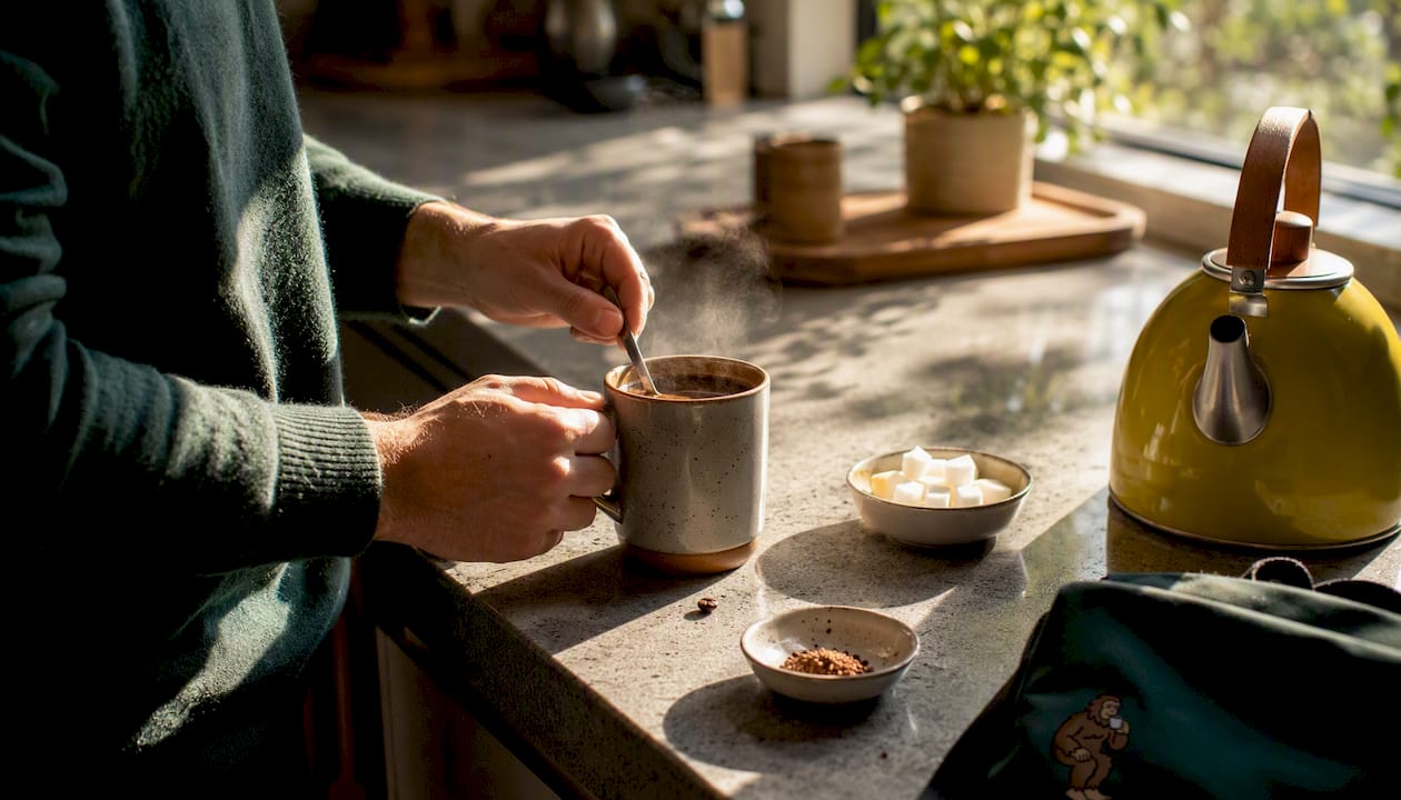 Hands stirring instant coffee in glass cup