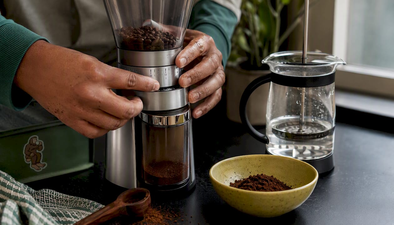 Hands adjusting burr grinder settings with fresh coffee grounds