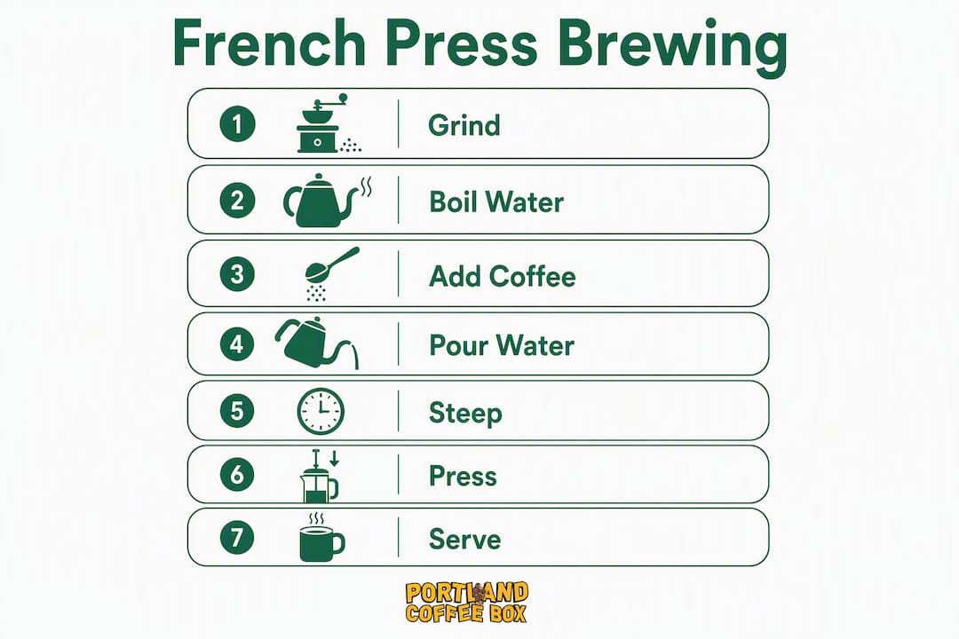 Infographic showing French press brewing steps