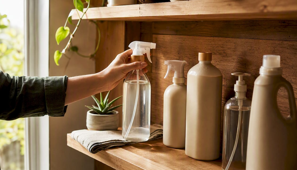 Hand reaching for eco-friendly cleaner bottle on shelf