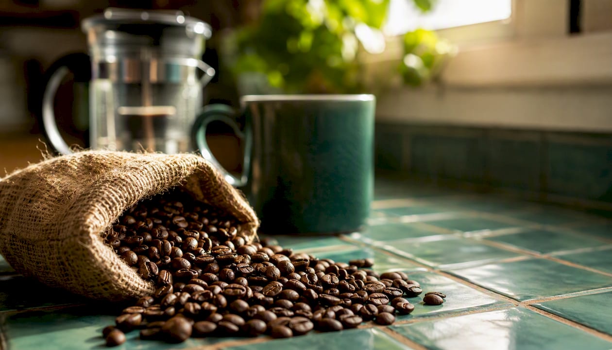 Fresh roasted coffee beans spilling from burlap sack