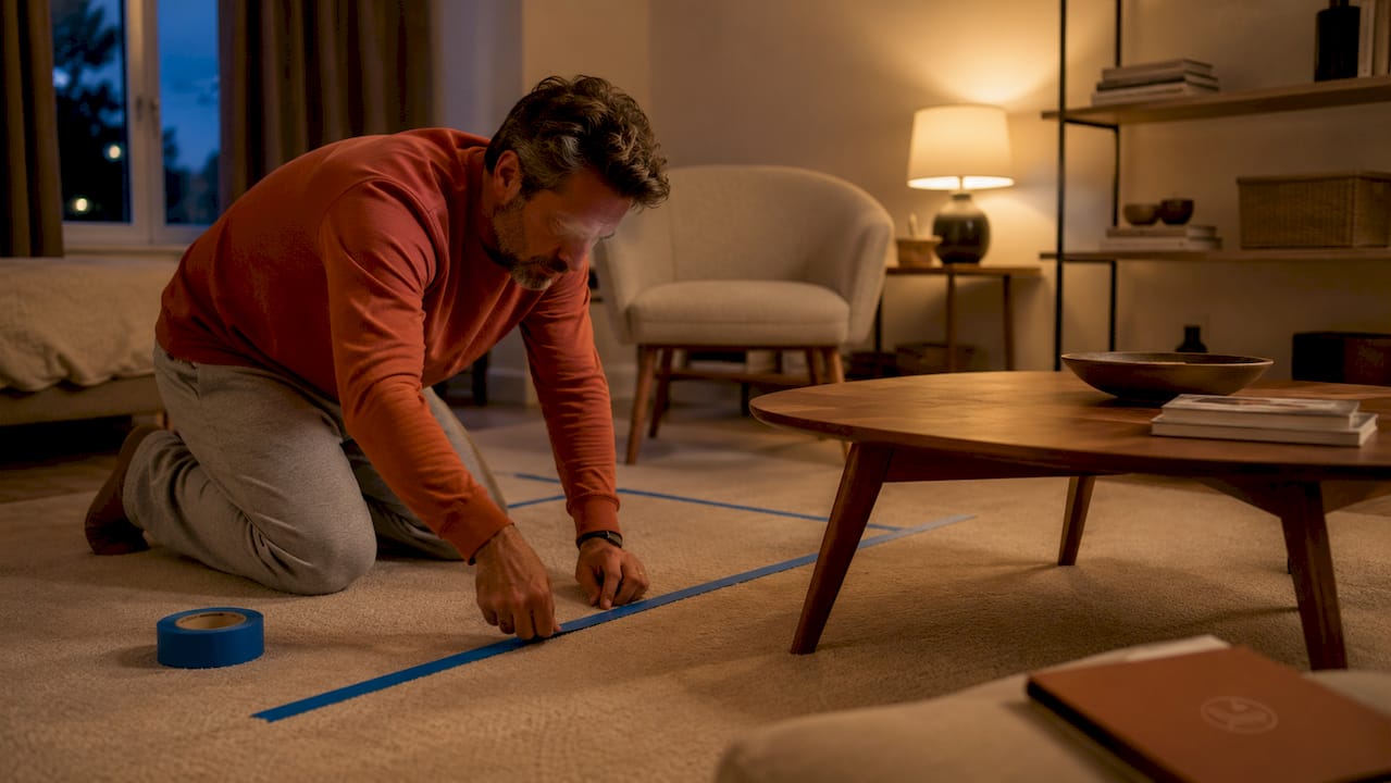 Man taping furniture footprints on small apartment floor
