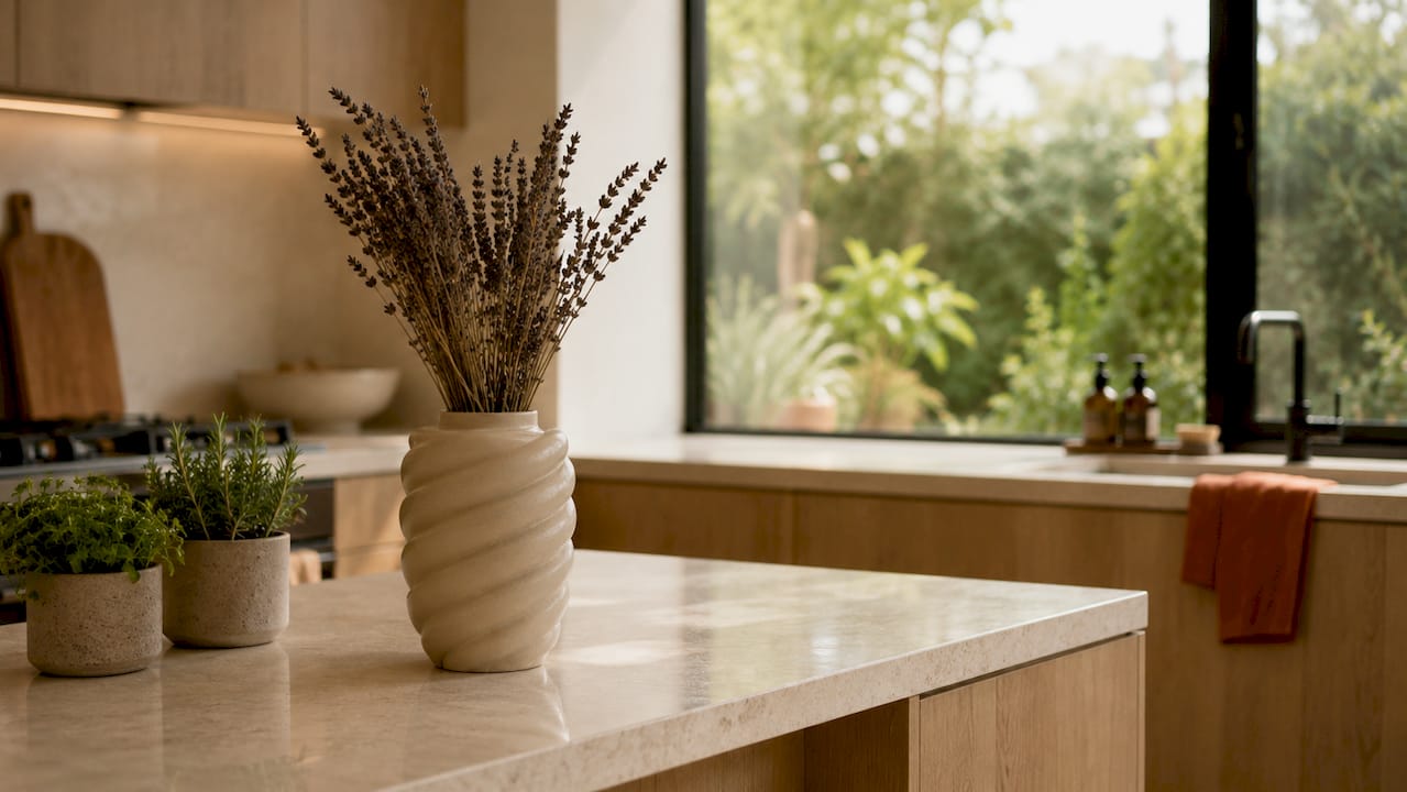 White ceramic vase with pampas grass on shelf