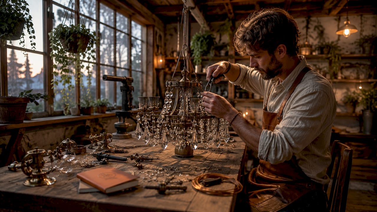 Artisan hands crafting handmade chandelier details