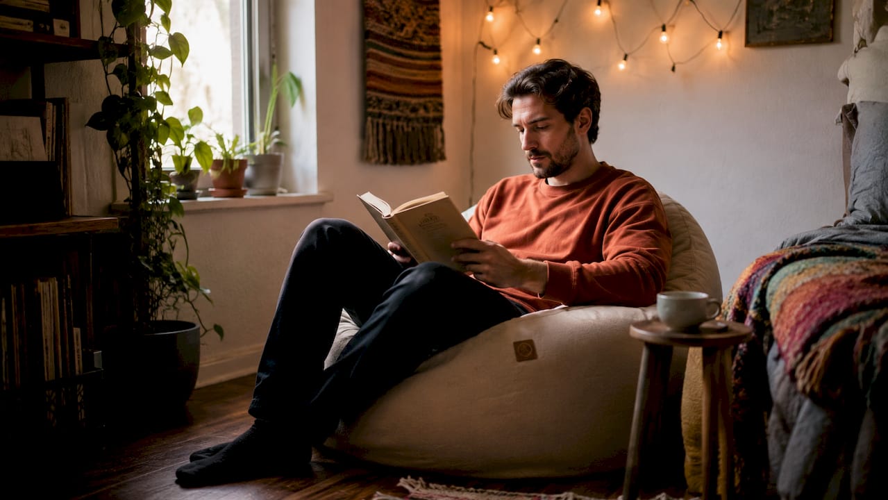 Man reading in small studio distinct zones