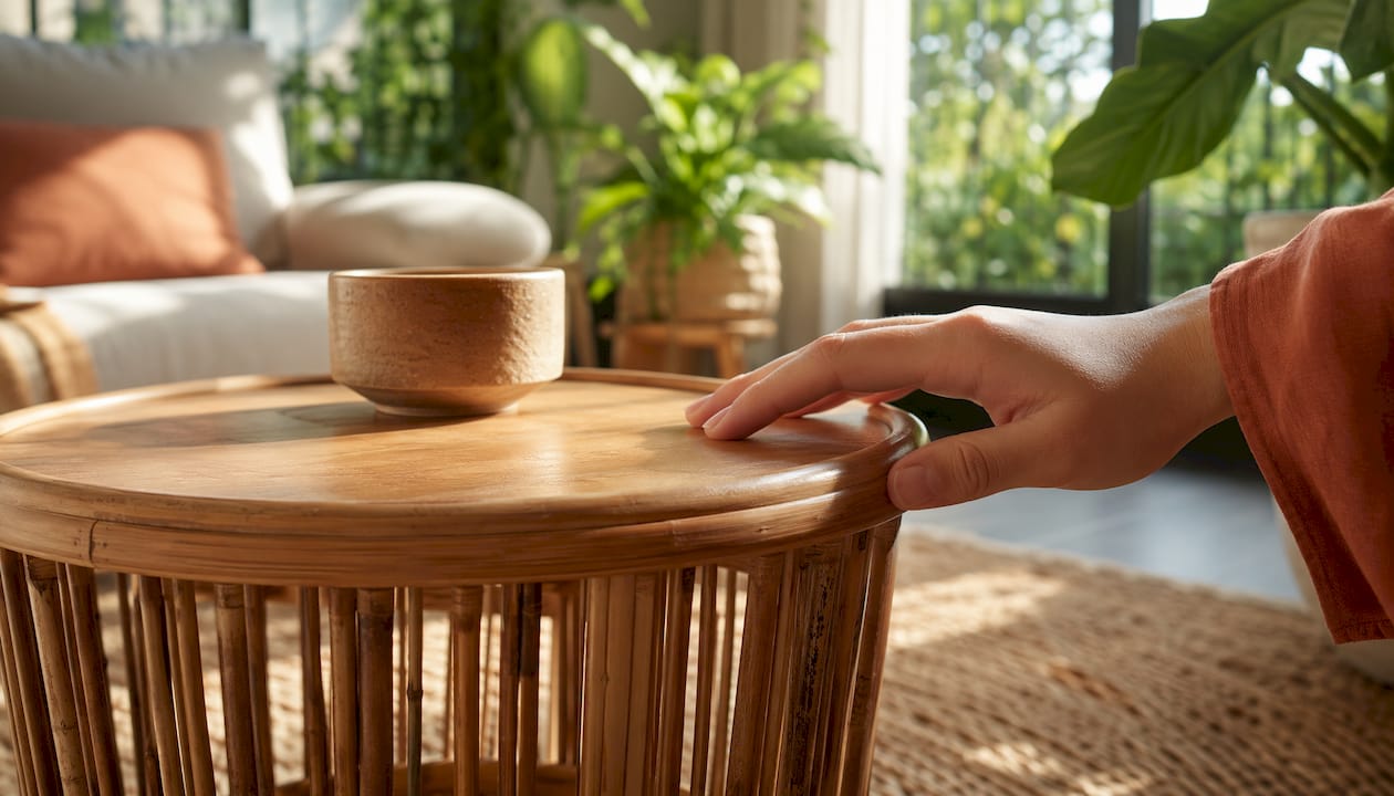 Hands touching wood surface of furniture