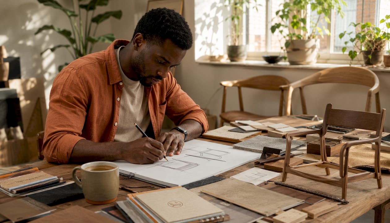 Designer sketching classic furniture shapes