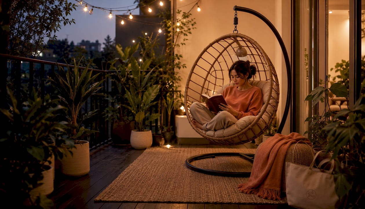 Small patio with hanging rattan chair statement piece at dusk