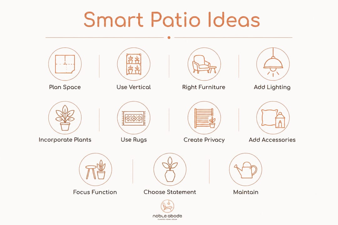 Infographic showing 11 smart patio decorating ideas in vertical steps