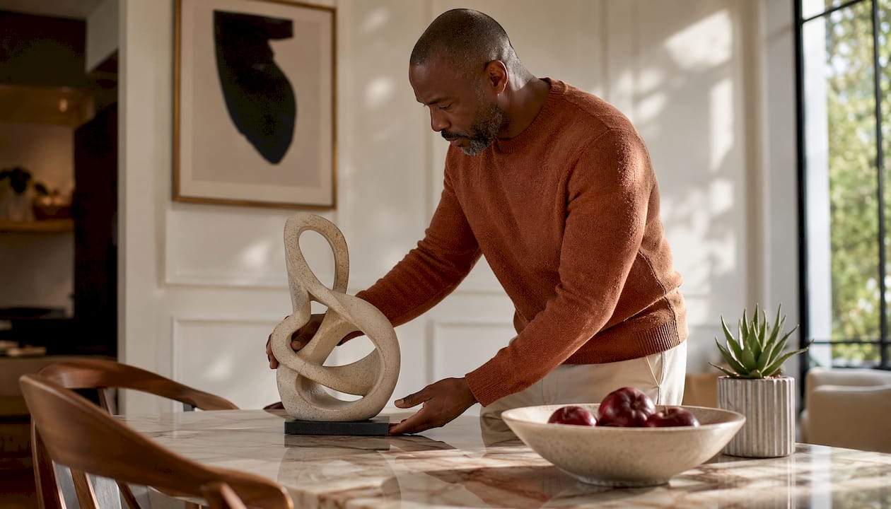 Man placing sculpture on office desk