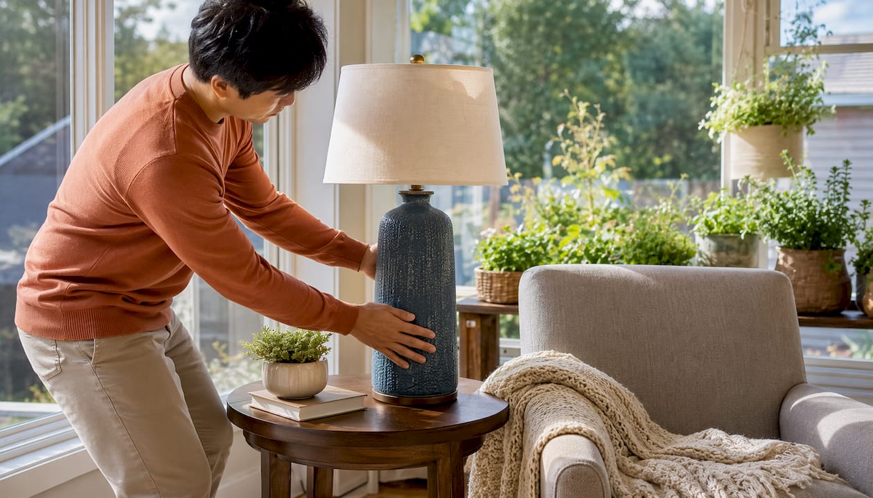 Man adjusting ceramic table lamp near sofa