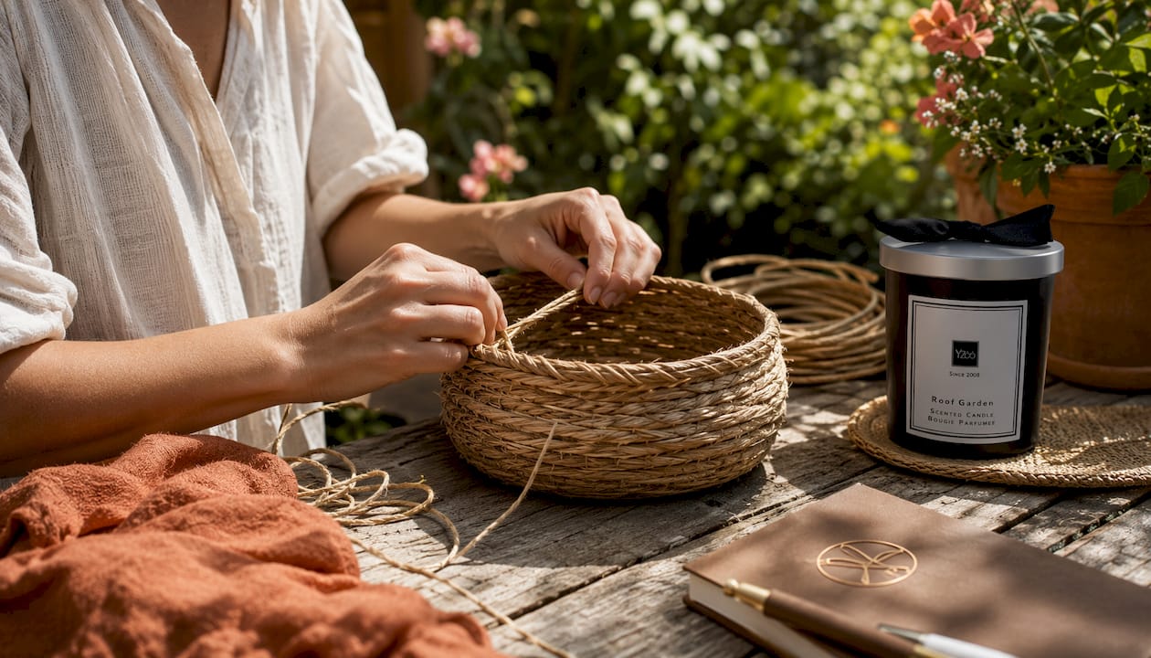 Hands weaving natural fiber basket
