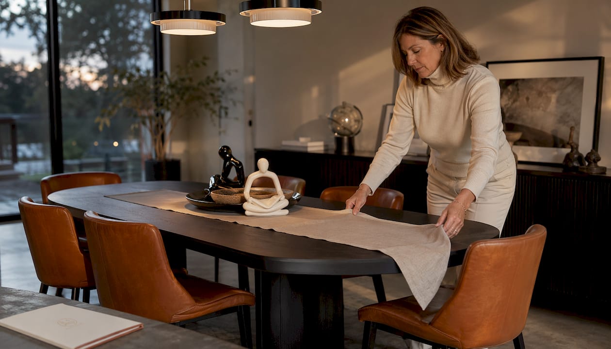 Homeowner arranging textiles on luxury dining bench