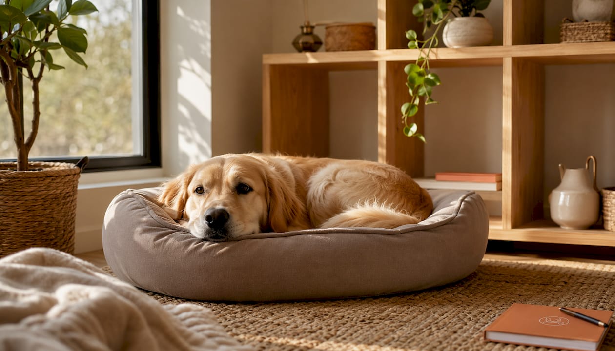 Golden retriever resting in stylish pet bed at home corner