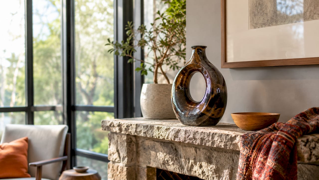 Artisanal ceramic vase on mantelpiece