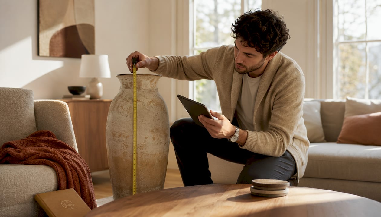 Interior designer measuring tall floor vase size