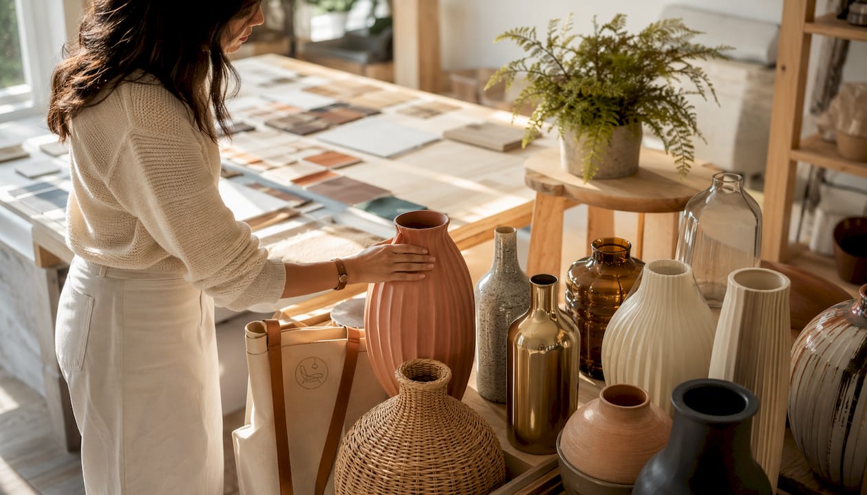 Hand examining diverse material floor vases