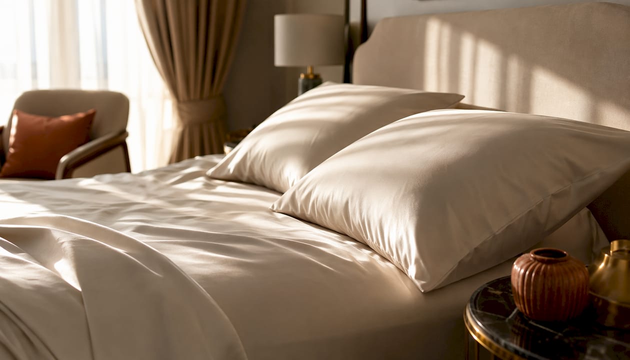 Silky bamboo pillowcase on bright bedroom bed
