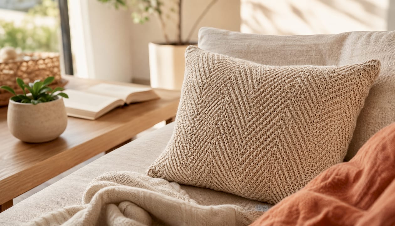 Detailed view of knitted V-pattern pillow cover texture